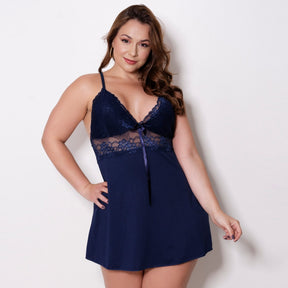 Camisola Plus Size - Microfibra de Poliéster Liso e Laço de Cetim