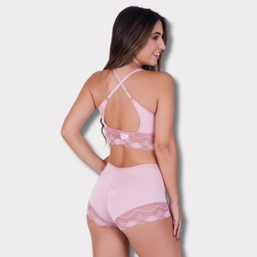 Conjunto Letícia Sem Bojo e Sem Arco com Caleçon em Renda de Poliamida e Tecido